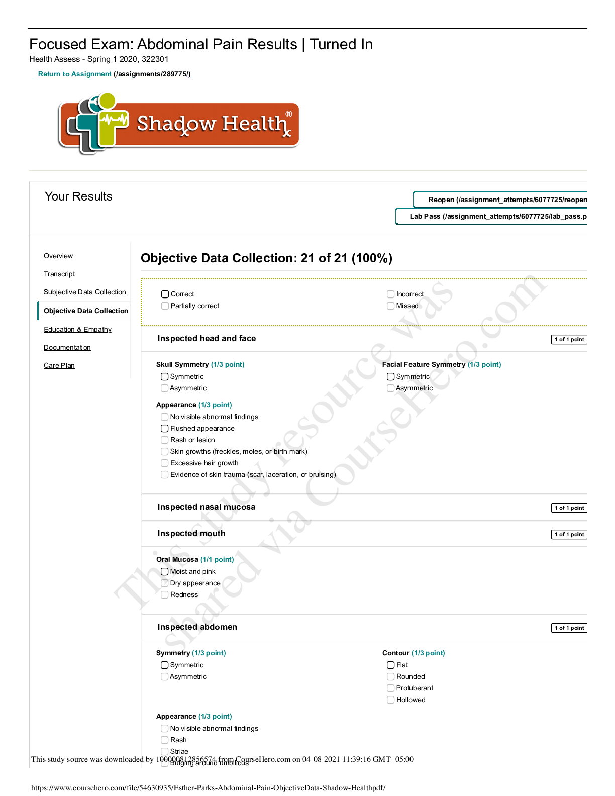 Preview of Esther Parks _Abdominal Pain _ Objective.Data_ Shadow Health 2020